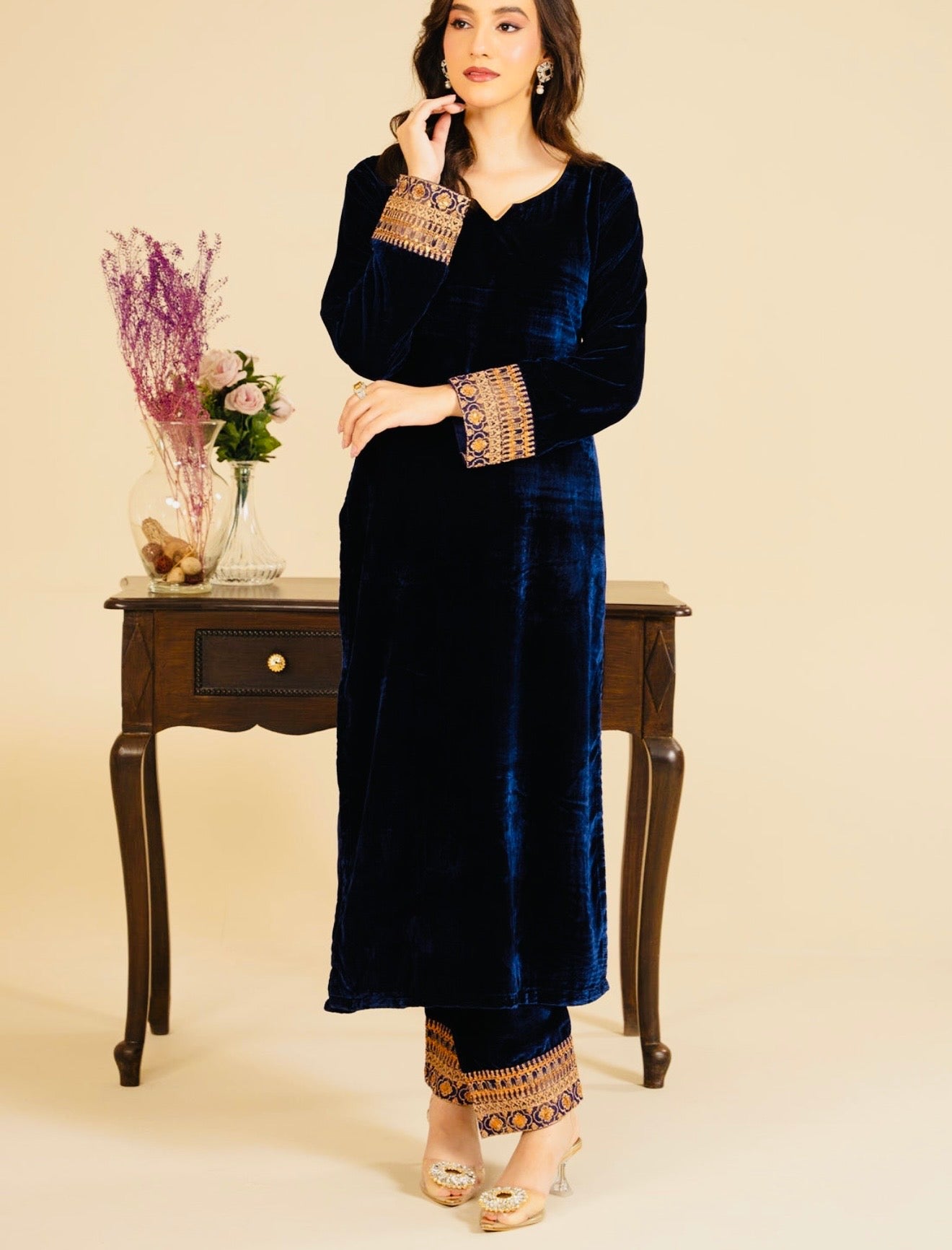 Navy blue embroidery work 2pc velvet suits