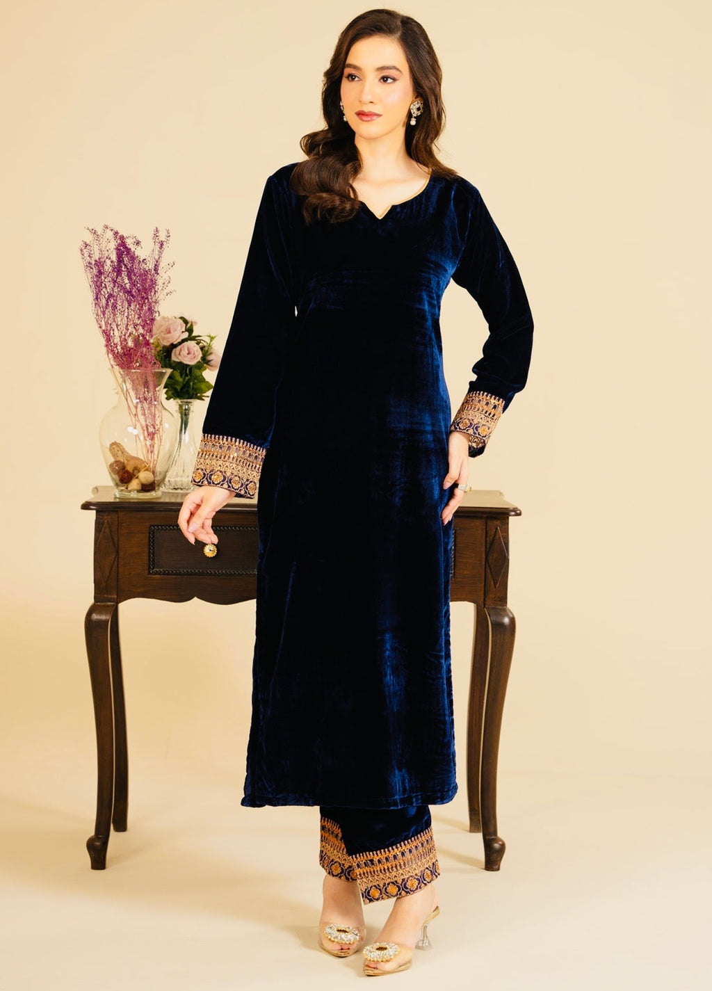 Navy Velvet 2-Piece Embroidered Set