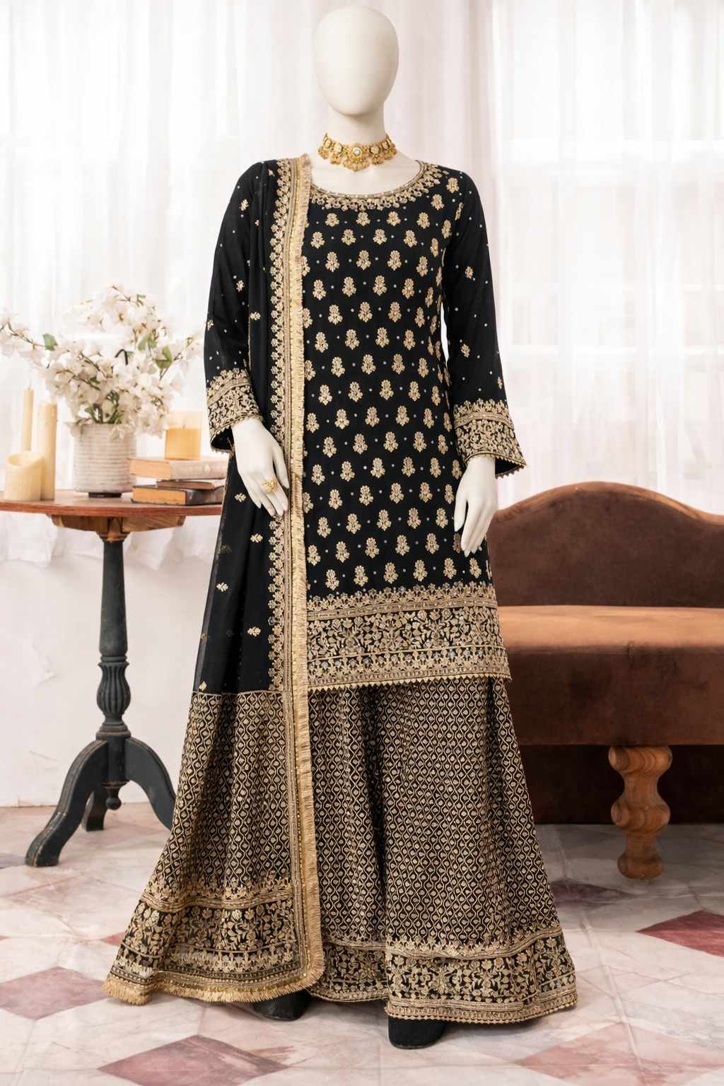 Elegant Black & Gold Embroidered Sharara Set