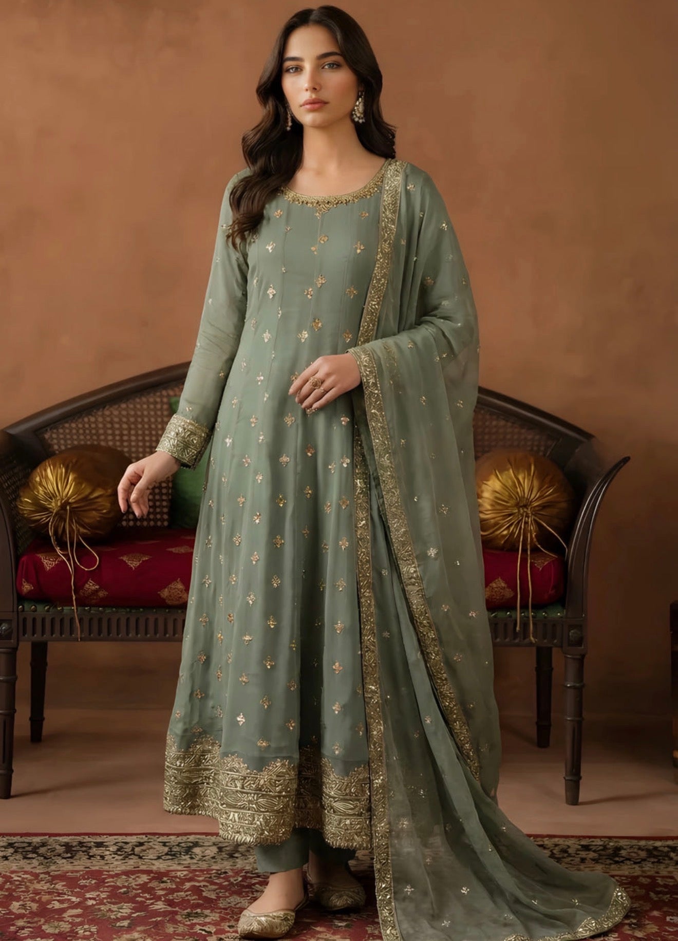 Elegant Sage Green Embroidered Salwar Kameez 3 Piece Set