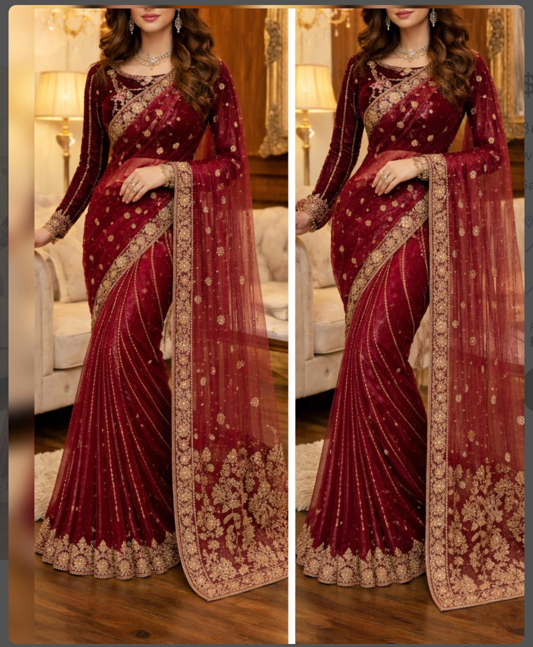 Royal Crimson Velvet Embroidered Saree